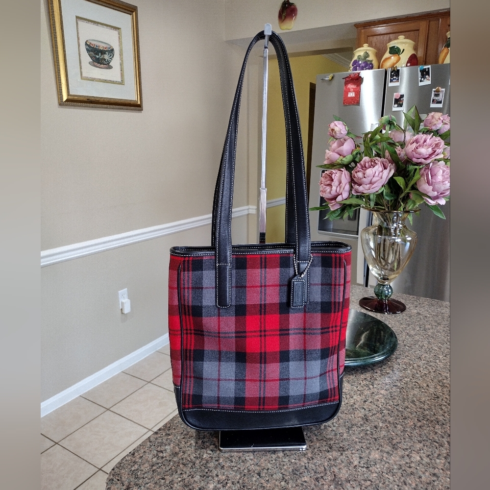 Coach Hampton Tote Red And Gray Plaid Wool , Leather